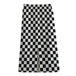 Black And White Checkered Pattern Print Cotton Front Slit Maxi Skirt