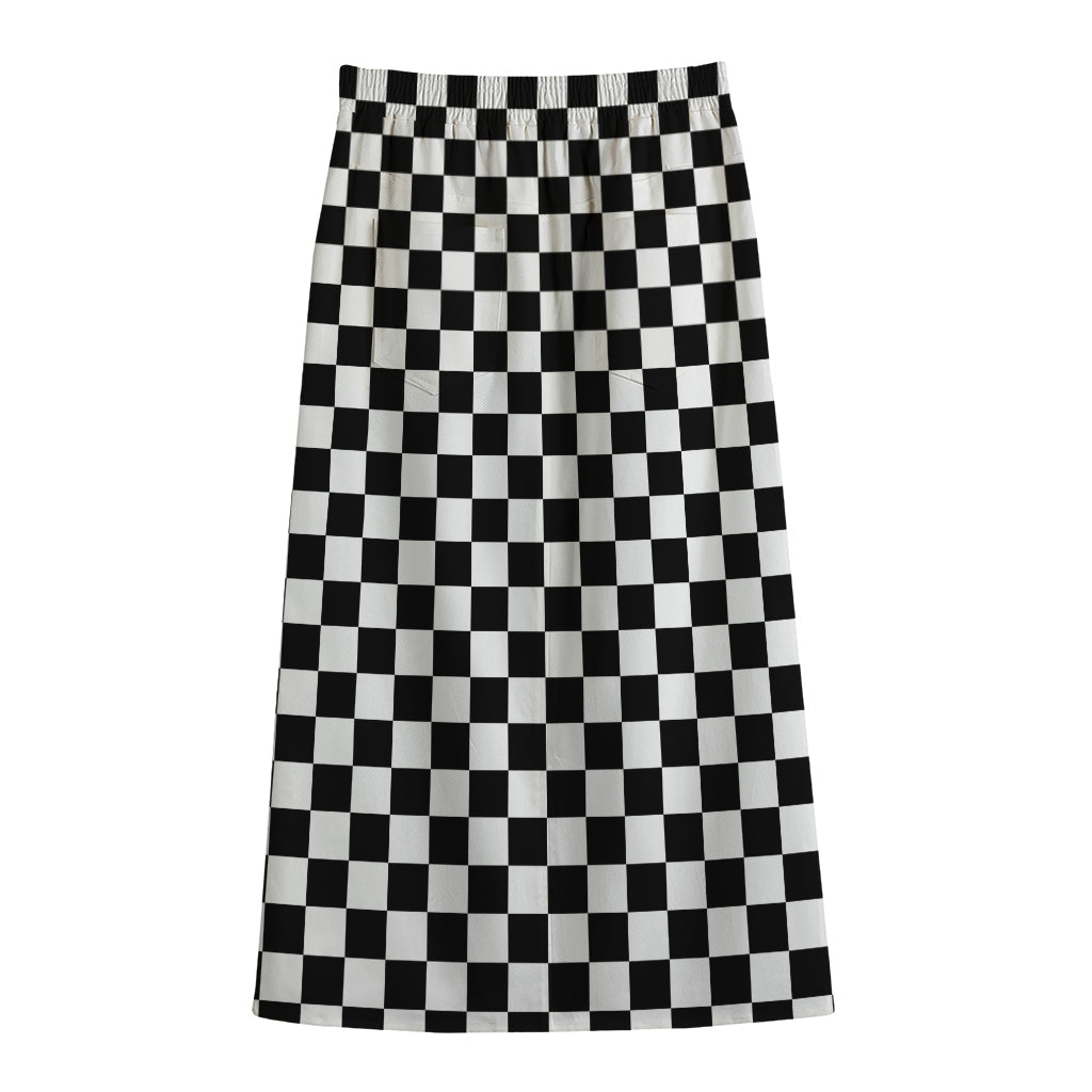 Black And White Checkered Pattern Print Cotton Front Slit Maxi Skirt