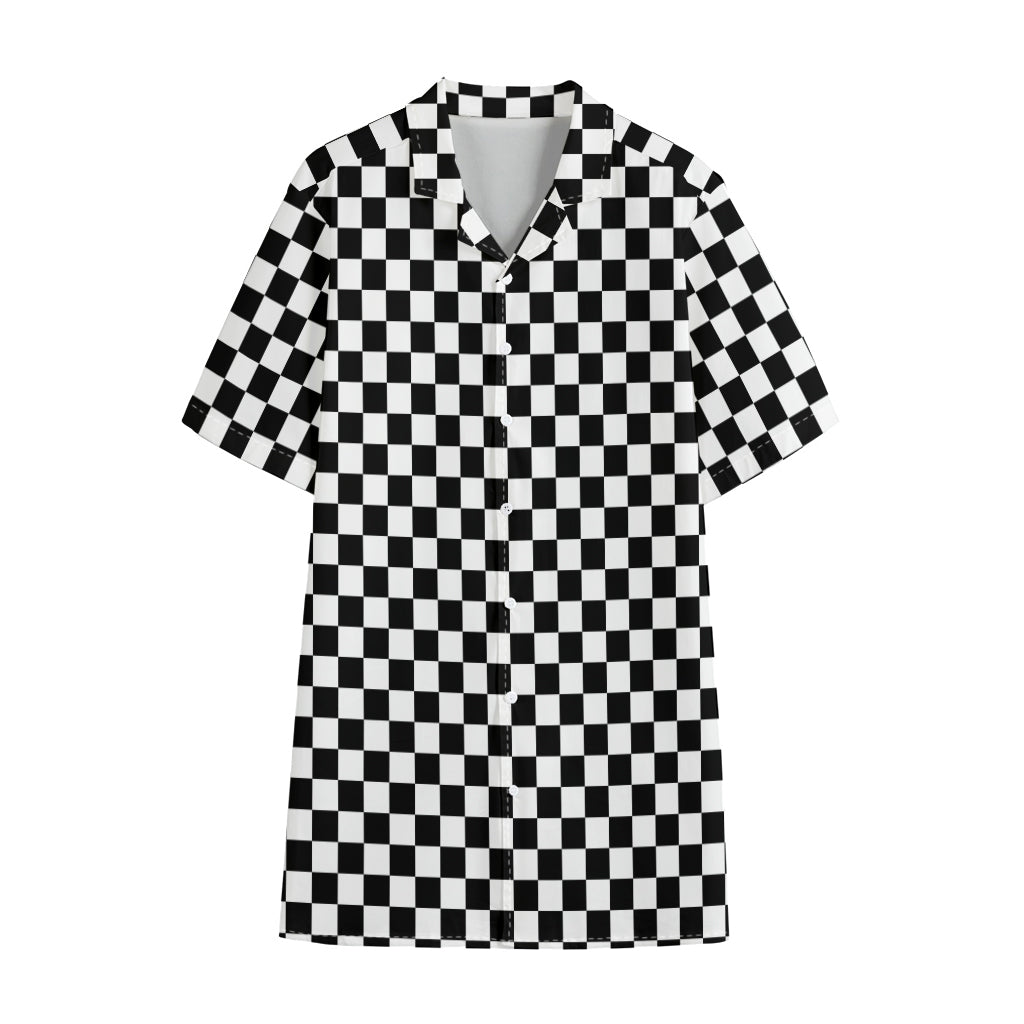 Black And White Checkered Pattern Print Cotton Hawaiian Shirt