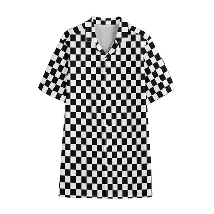 Black And White Checkered Pattern Print Cotton Hawaiian Shirt