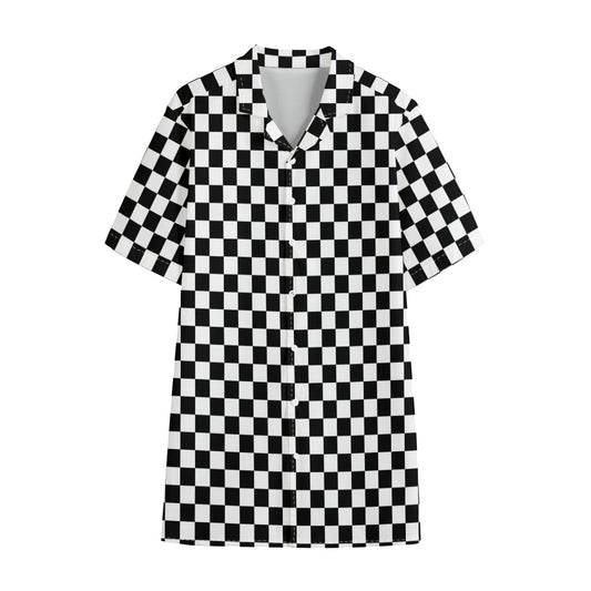 Black And White Checkered Pattern Print Cotton Hawaiian Shirt