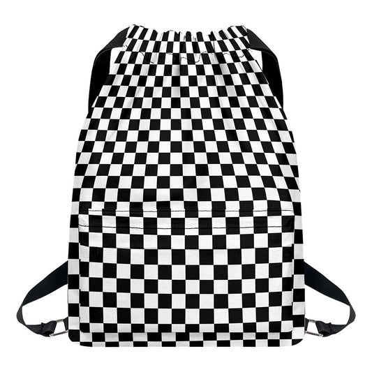 Black And White Checkered Pattern Print Drawstring Backpack