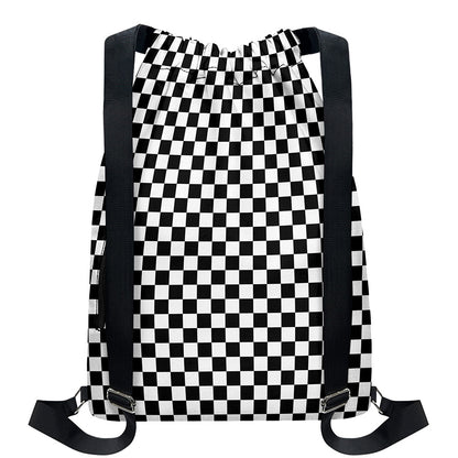 Black And White Checkered Pattern Print Drawstring Backpack