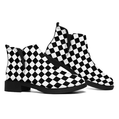 Black And White Checkered Pattern Print Flat Ankle Boots