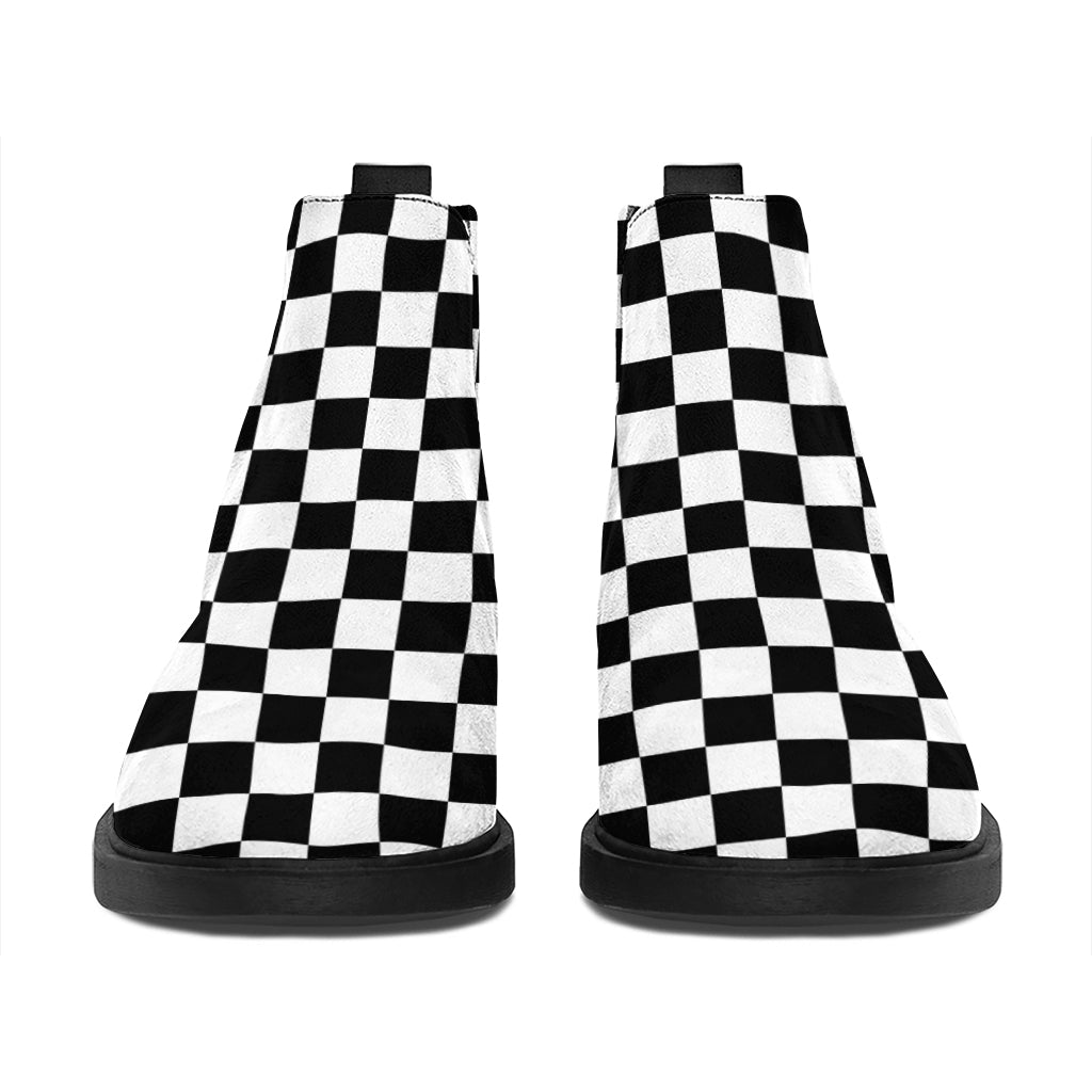 Black And White Checkered Pattern Print Flat Ankle Boots