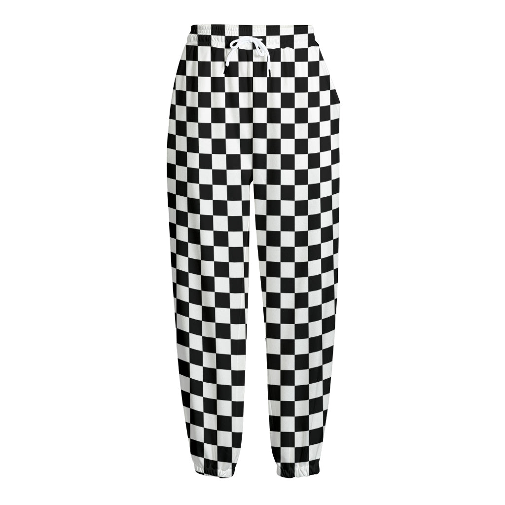 Black And White Checkered Pattern Print Fleece Lined Knit Pants