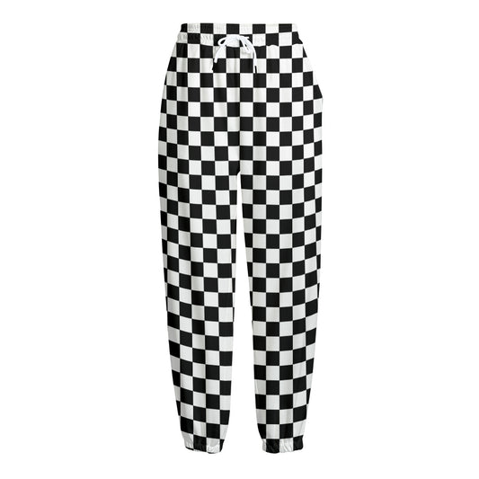 Black And White Checkered Pattern Print Fleece Lined Knit Pants