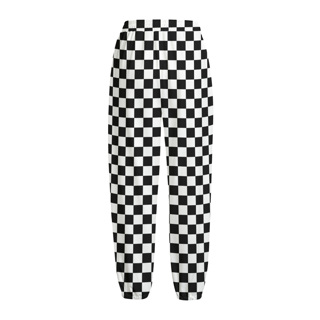 Black And White Checkered Pattern Print Fleece Lined Knit Pants