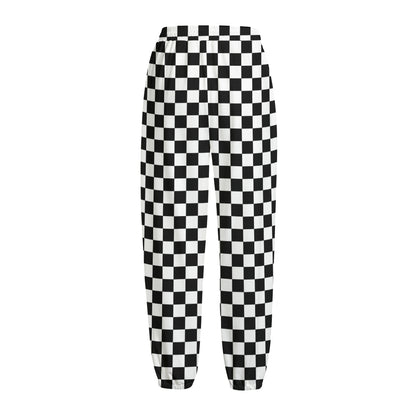 Black And White Checkered Pattern Print Fleece Lined Knit Pants