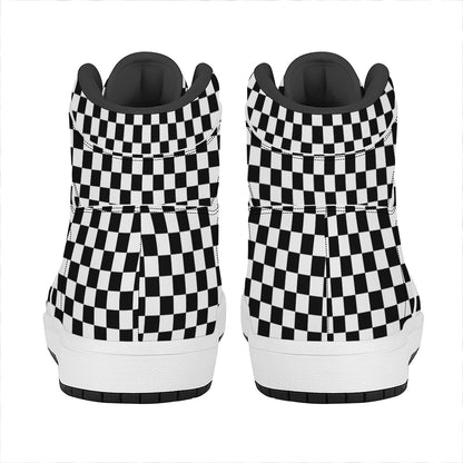 Black And White Checkered Pattern Print High Top Leather Sneakers
