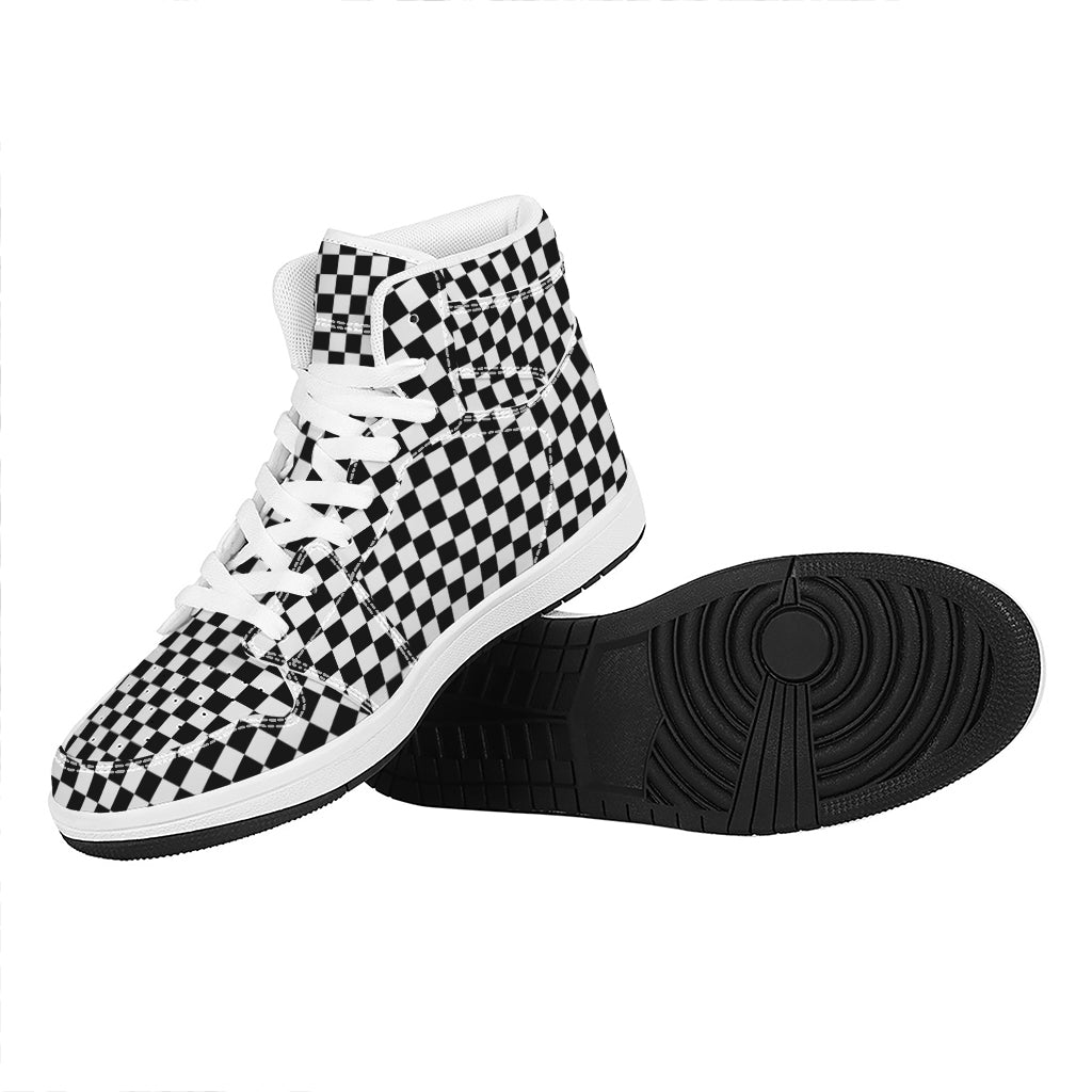 Black And White Checkered Pattern Print High Top Leather Sneakers