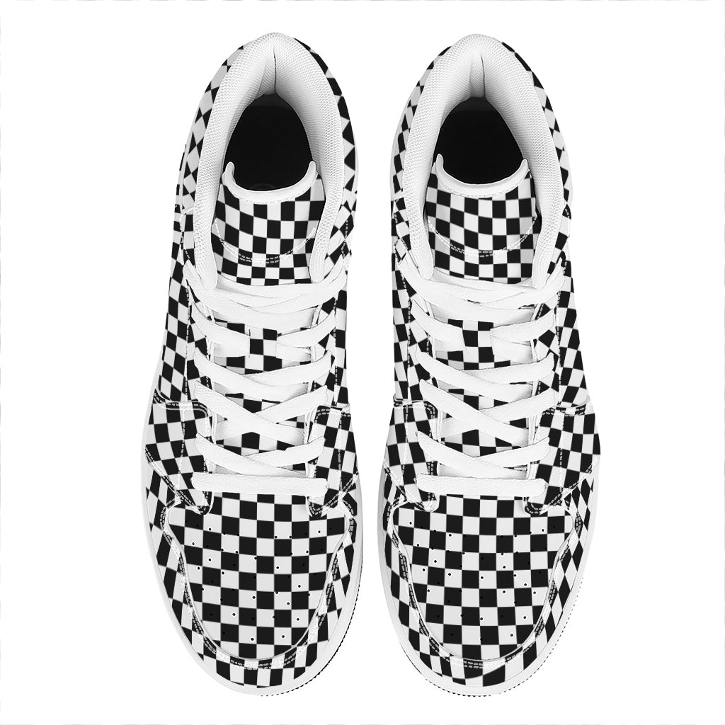 Black And White Checkered Pattern Print High Top Leather Sneakers