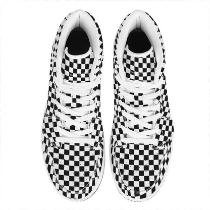 Black And White Checkered Pattern Print High Top Leather Sneakers