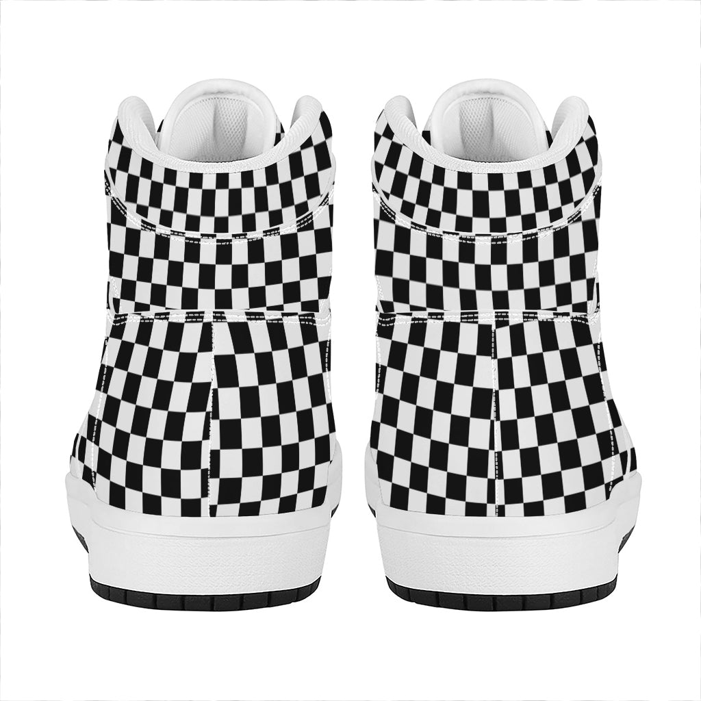 Black And White Checkered Pattern Print High Top Leather Sneakers