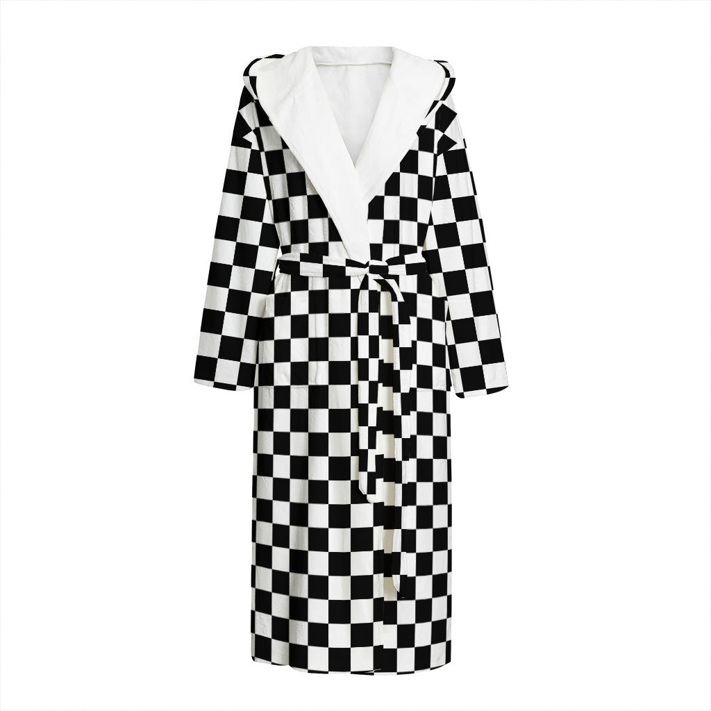Black And White Checkered Pattern Print Hooded Bathrobe
