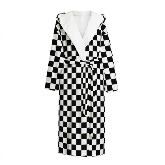 Black And White Checkered Pattern Print Hooded Bathrobe