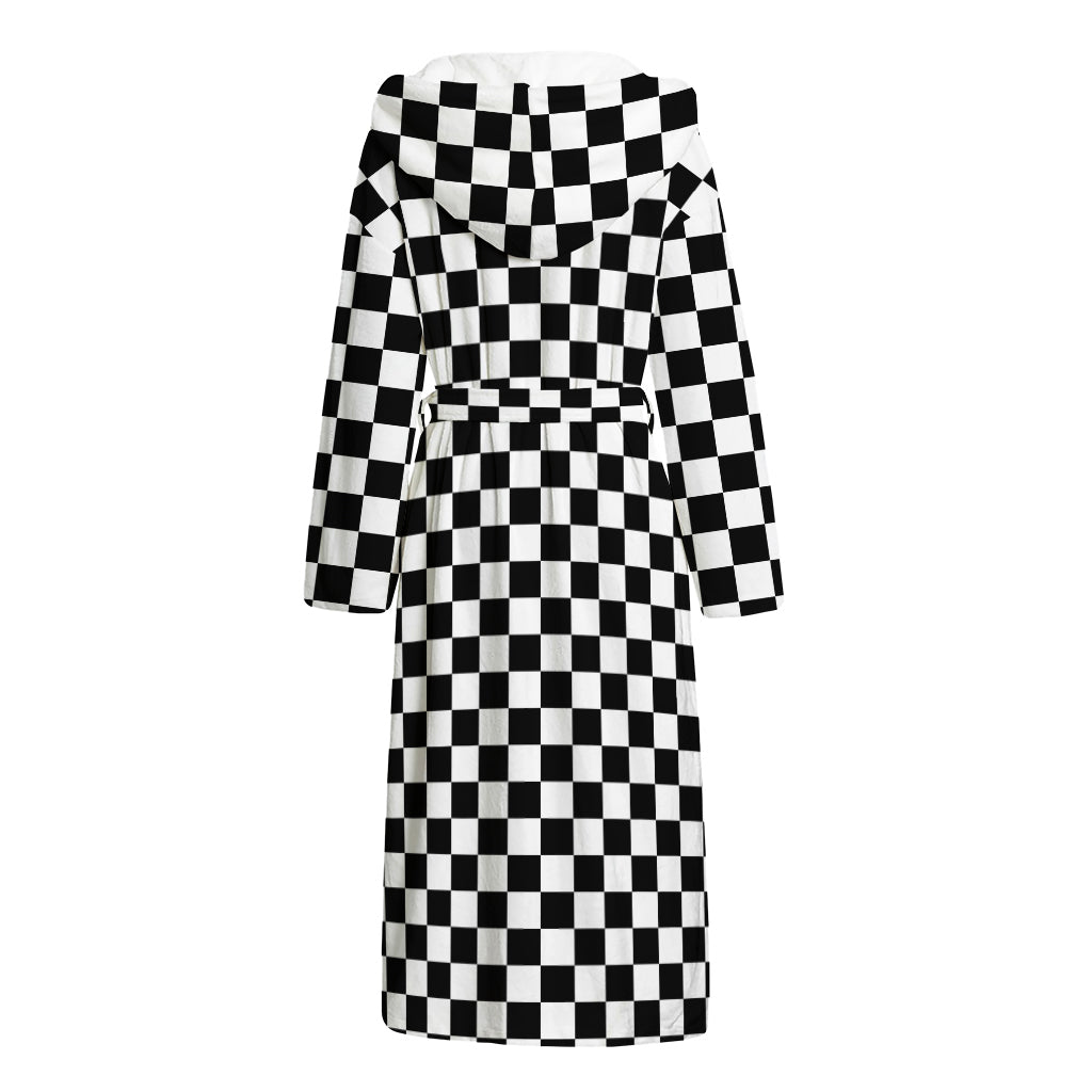Black And White Checkered Pattern Print Hooded Bathrobe