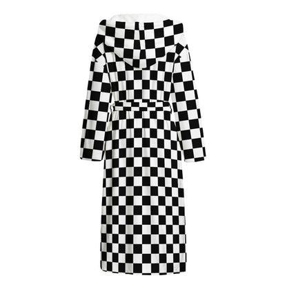 Black And White Checkered Pattern Print Hooded Bathrobe