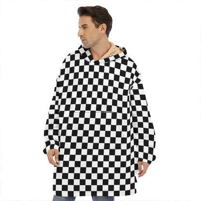Black And White Checkered Pattern Print Hoodie Blanket