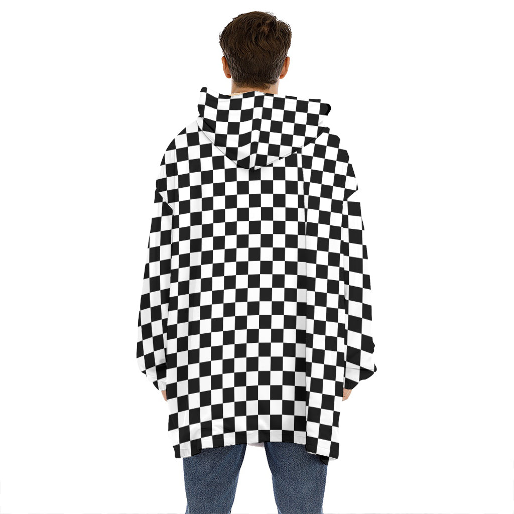 Black And White Checkered Pattern Print Hoodie Blanket