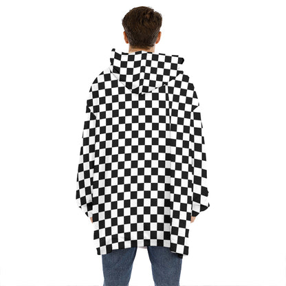 Black And White Checkered Pattern Print Hoodie Blanket