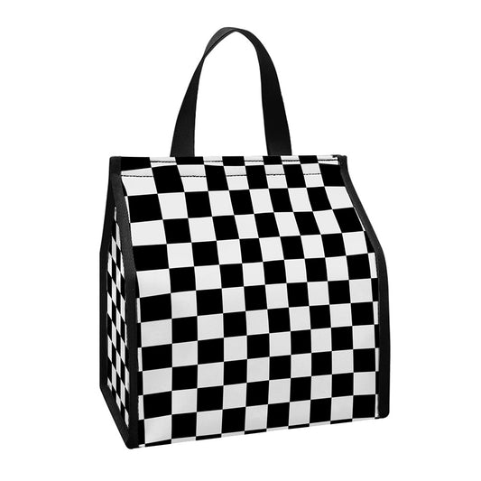 Black And White Checkered Pattern Print Insulated Lunch Tote