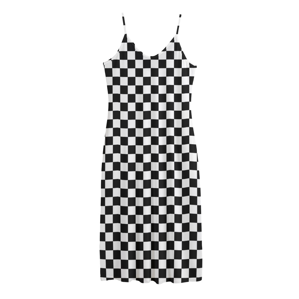 Black And White Checkered Pattern Print Jersey Midi Cami Dress