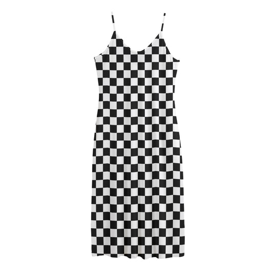 Black And White Checkered Pattern Print Jersey Midi Cami Dress