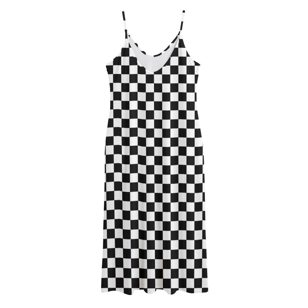 Black And White Checkered Pattern Print Jersey Midi Cami Dress