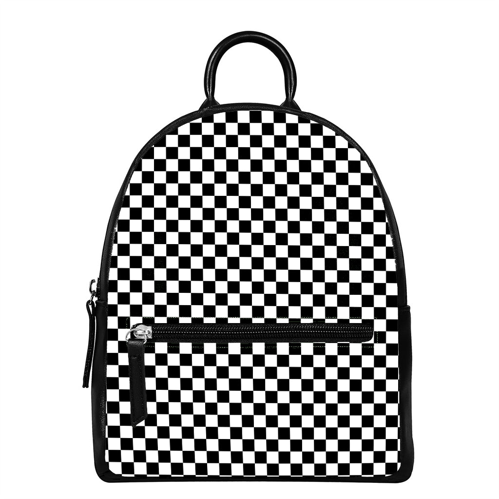 Black And White Checkered Pattern Print Leather Backpack