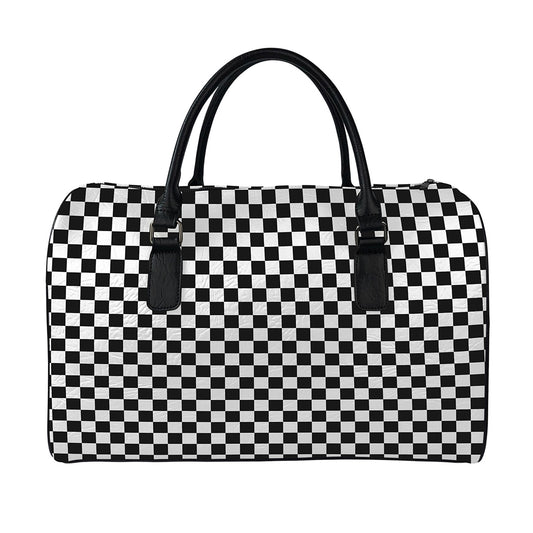 Black And White Checkered Pattern Print Leather Duffle Bag