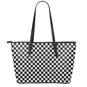 Black And White Checkered Pattern Print Leather Tote Bag