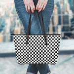 Black And White Checkered Pattern Print Leather Tote Bag