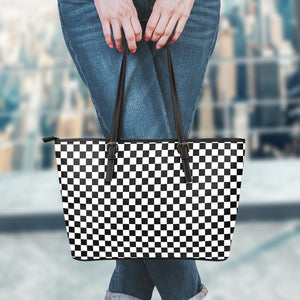 Black And White Checkered Pattern Print Leather Tote Bag