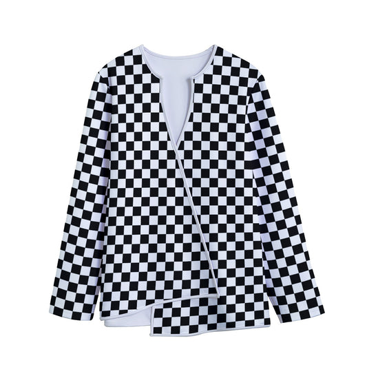 Black And White Checkered Pattern Print Long Sleeve Short Coat
