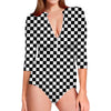 Black And White Checkered Pattern Print Long Sleeve Swimsuit