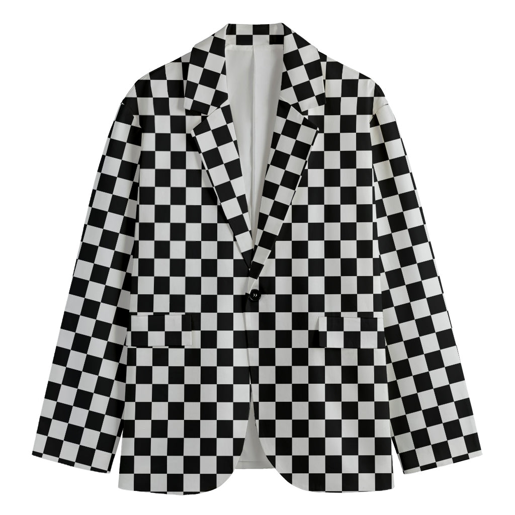 Black And White Checkered Pattern Print Men's Cotton Blazer