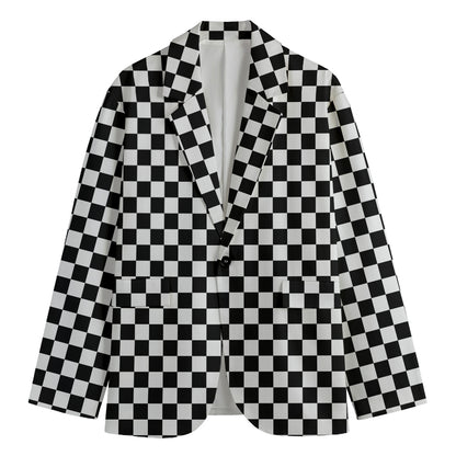 Black And White Checkered Pattern Print Men's Cotton Blazer