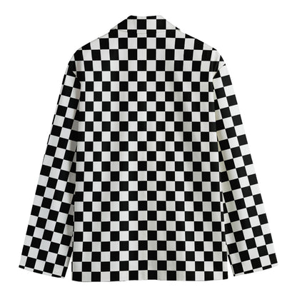 Black And White Checkered Pattern Print Men's Cotton Blazer
