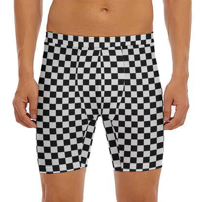 Black And White Checkered Pattern Print Men's Long Boxer Briefs
