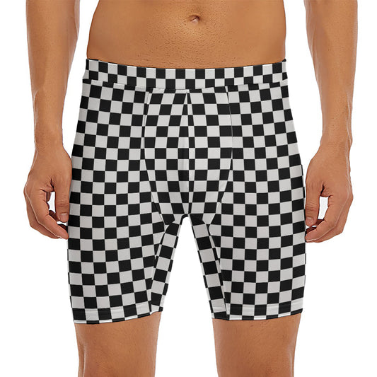 Black And White Checkered Pattern Print Men's Long Boxer Briefs