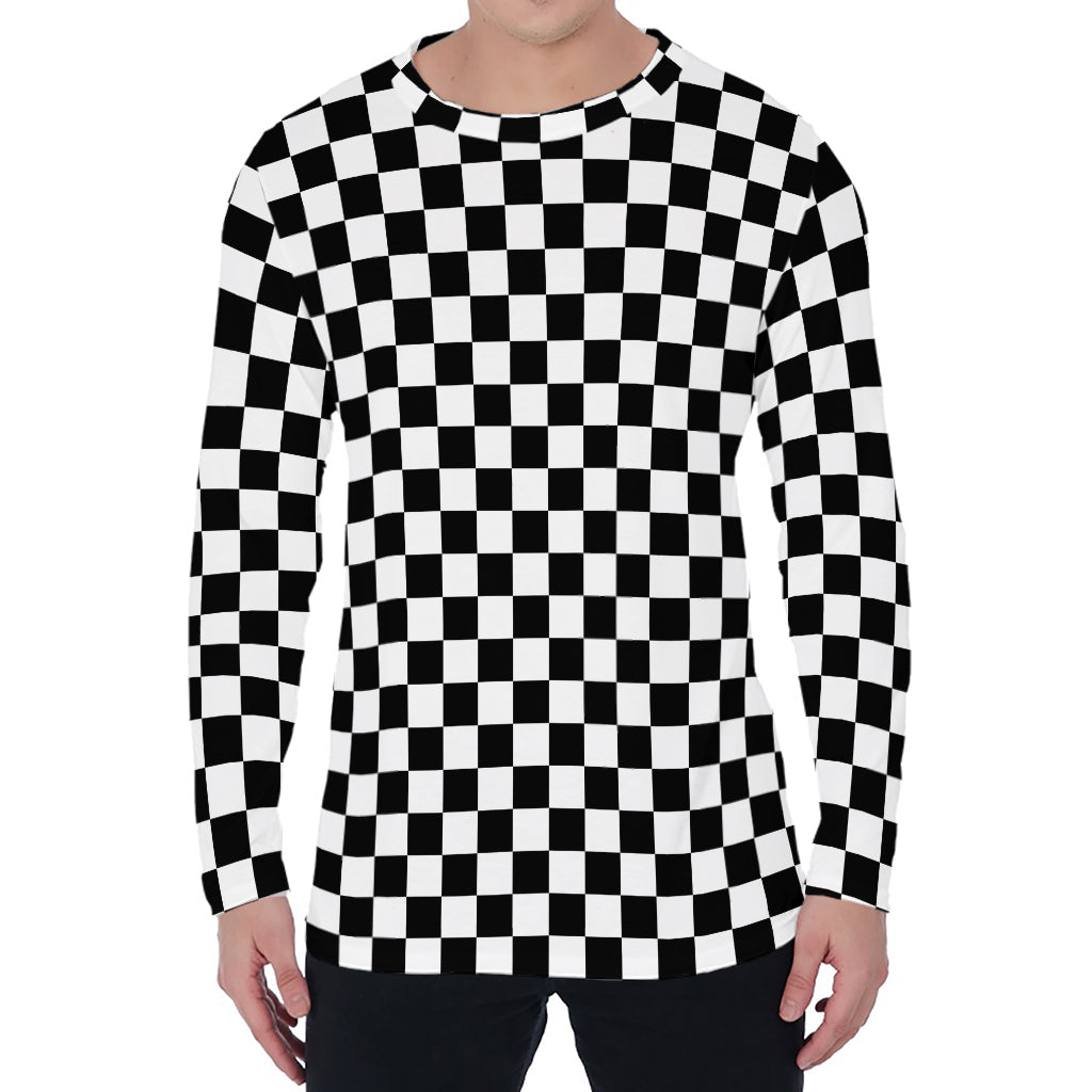 Black And White Checkered Pattern Print Men's Long Sleeve T-Shirt