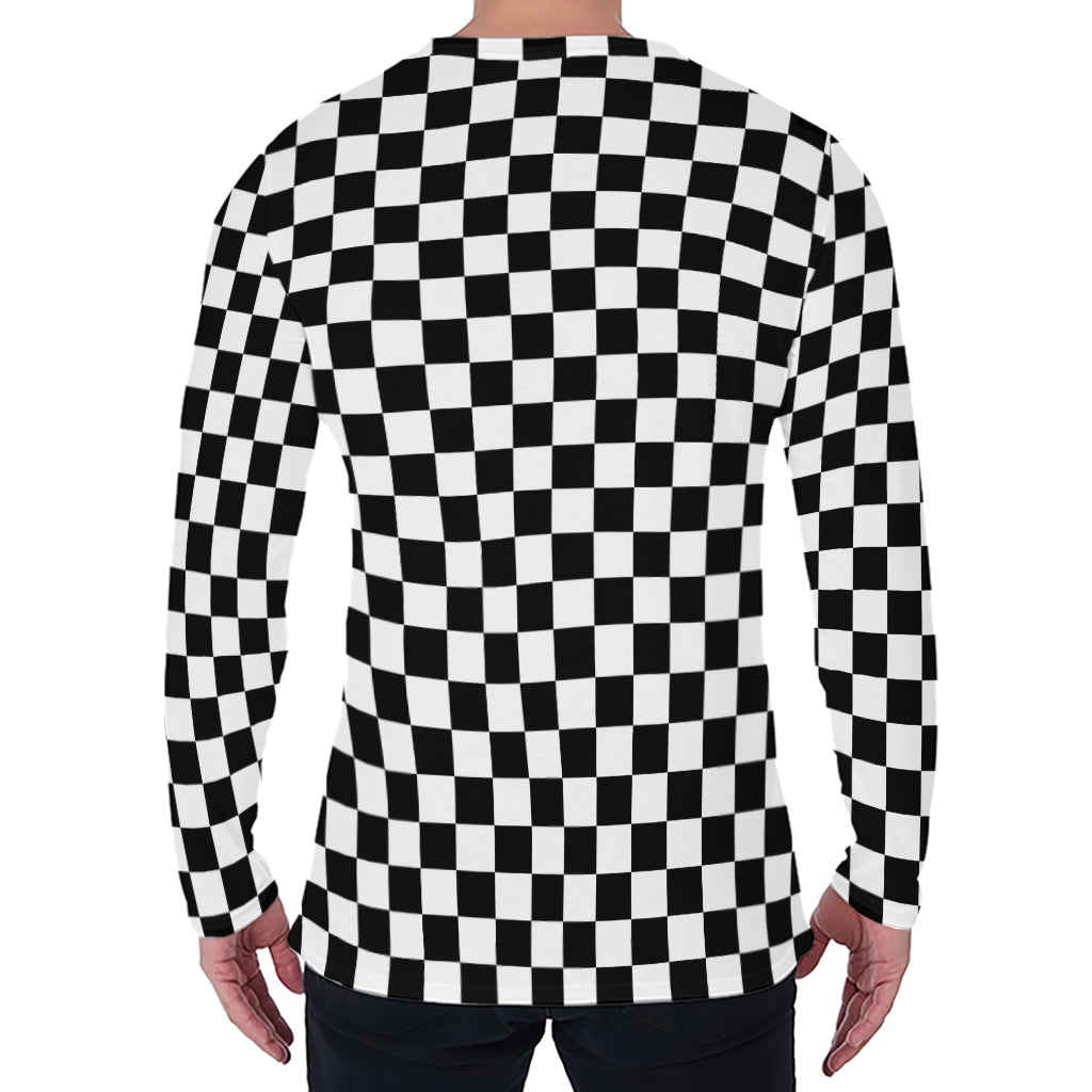 Black And White Checkered Pattern Print Men's Long Sleeve T-Shirt