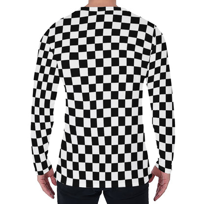 Black And White Checkered Pattern Print Men's Long Sleeve T-Shirt