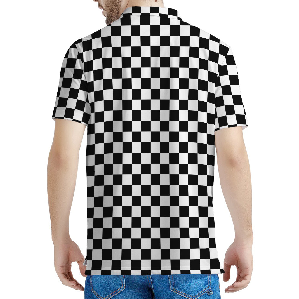 Black And White Checkered Pattern Print Men's Polo Shirt