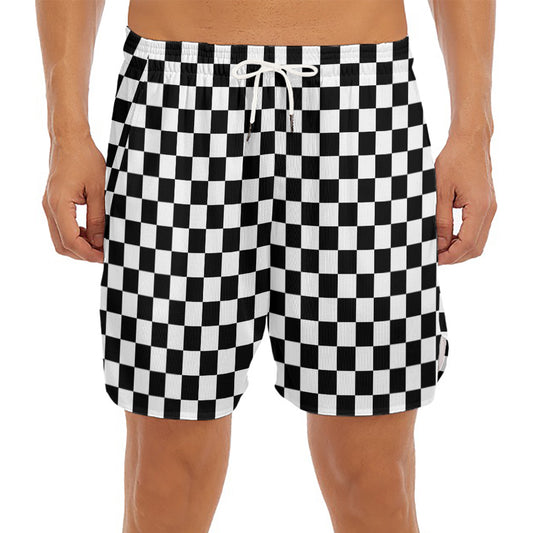 Black And White Checkered Pattern Print Men's Split Running Shorts