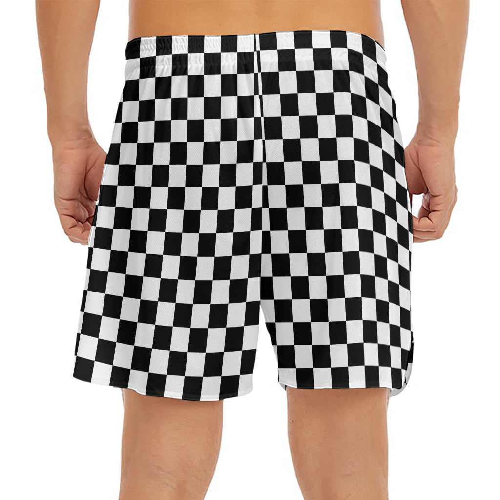 Black And White Checkered Pattern Print Men's Split Running Shorts