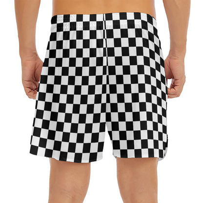 Black And White Checkered Pattern Print Men's Split Running Shorts