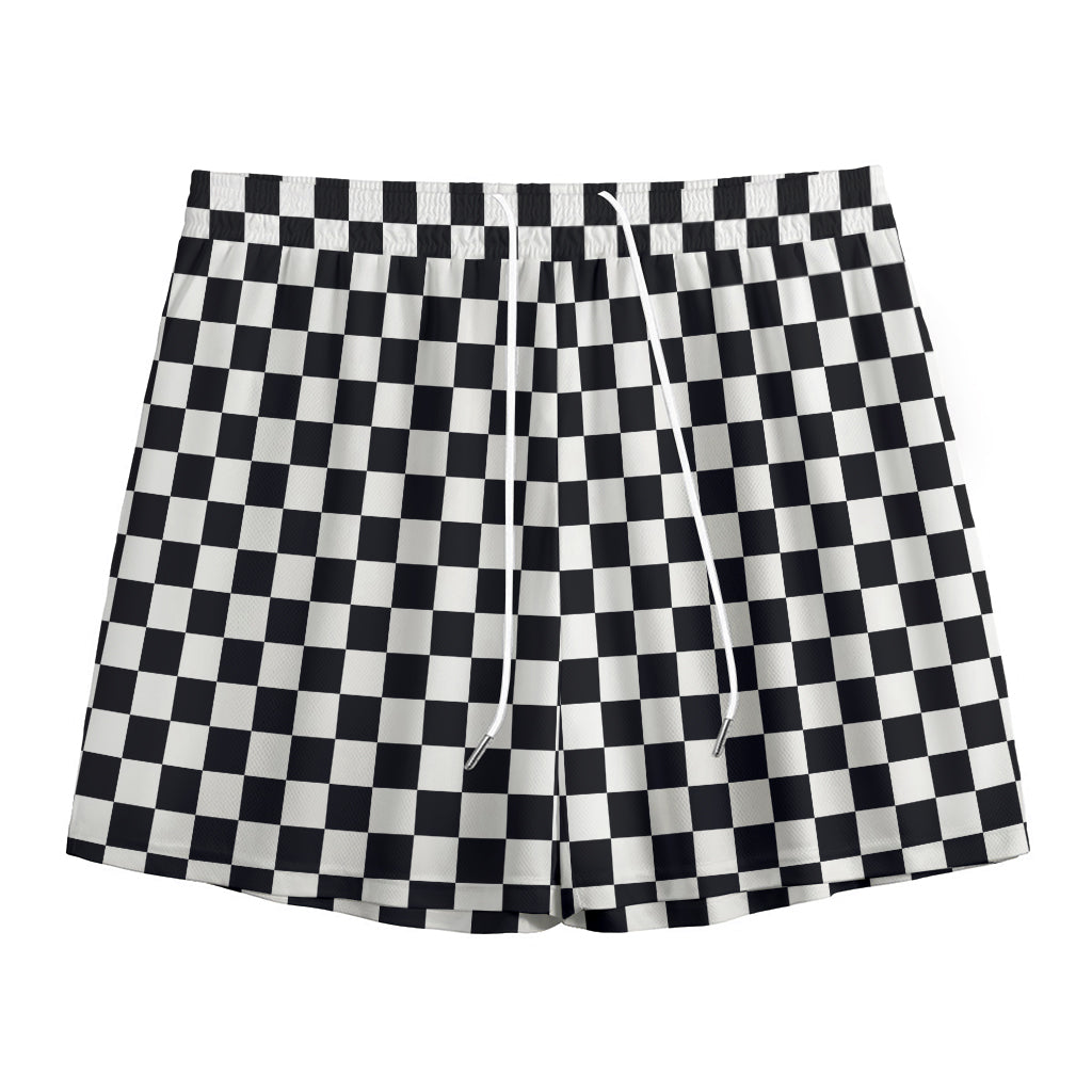 Black And White Checkered Pattern Print Mesh Shorts