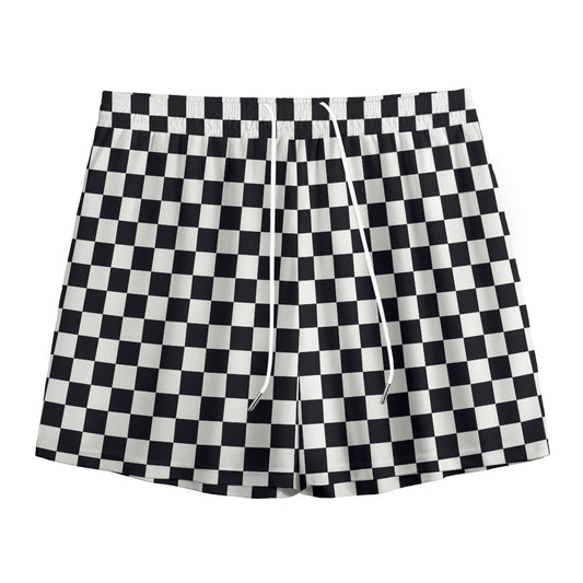 Black And White Checkered Pattern Print Mesh Shorts